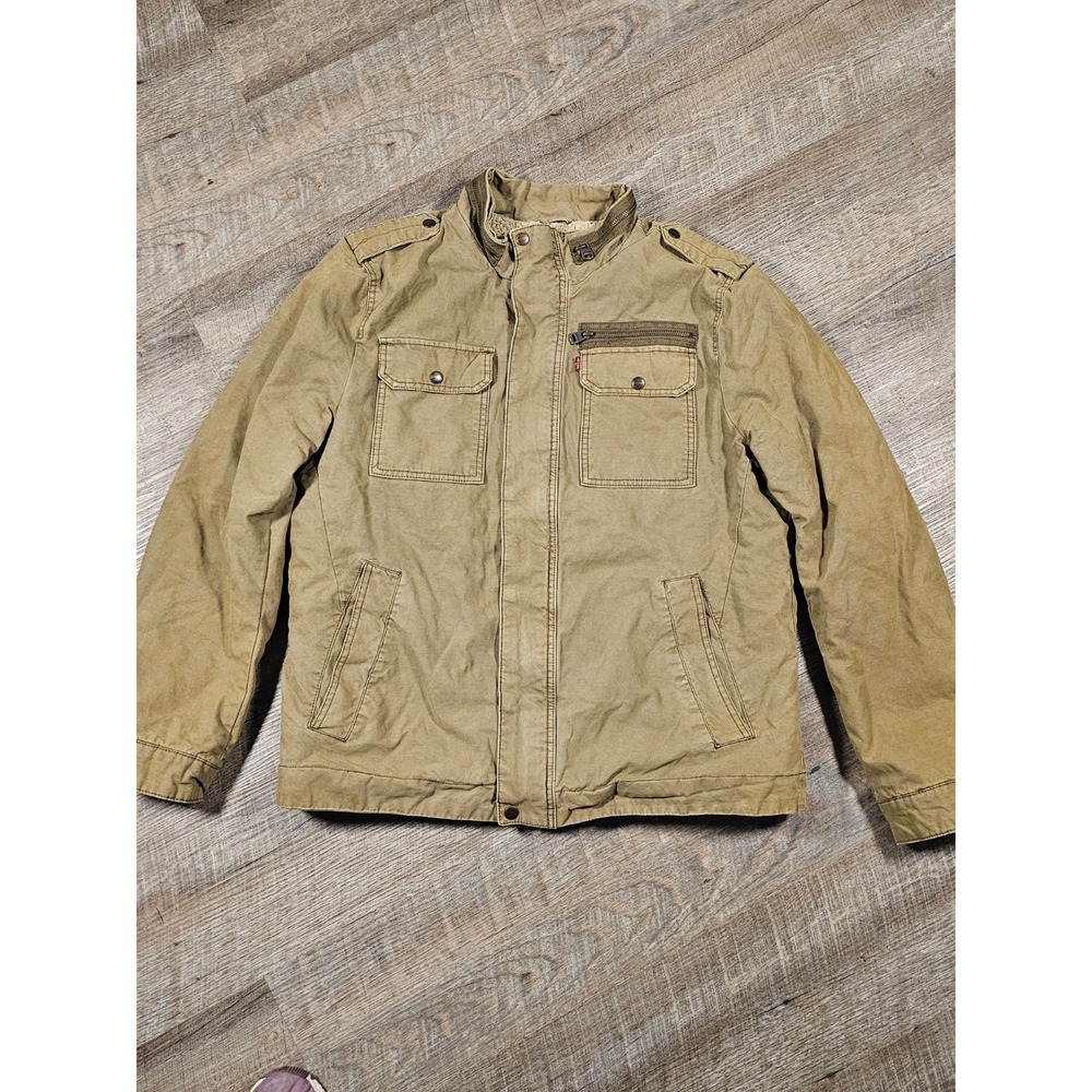 Levis Mens Khaki Tan Sherpa Lined Military Jacket Canvas Utility Coat Small